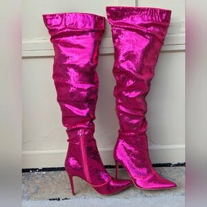 Sheln Shein thigh high pink sequin thigh high stiletto boots 11